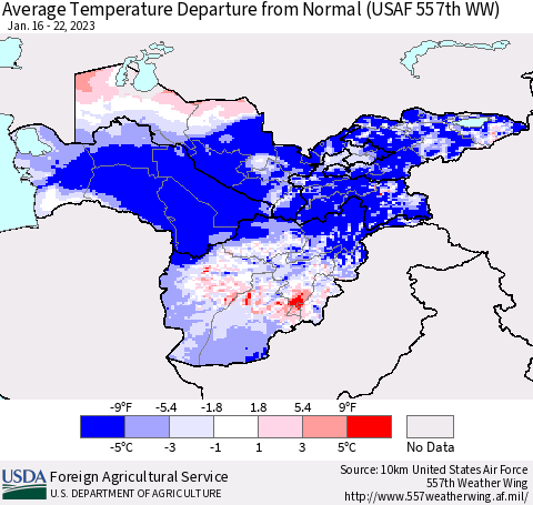 Central Asia Average Temperature Departure from Normal (USAF 557th WW) Thematic Map For 1/16/2023 - 1/22/2023