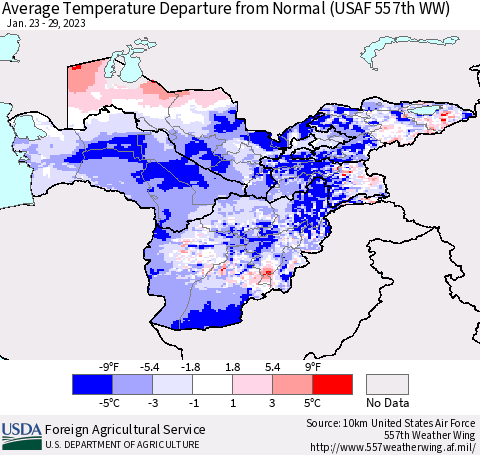Central Asia Average Temperature Departure from Normal (USAF 557th WW) Thematic Map For 1/23/2023 - 1/29/2023