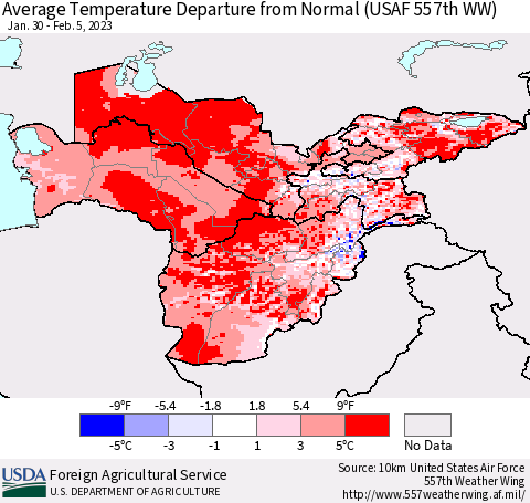 Central Asia Average Temperature Departure from Normal (USAF 557th WW) Thematic Map For 1/30/2023 - 2/5/2023
