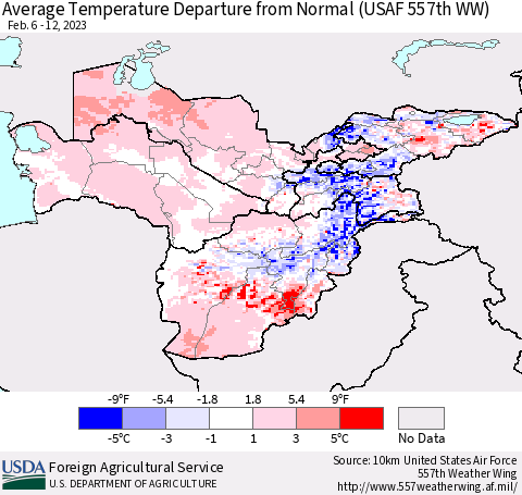 Central Asia Average Temperature Departure from Normal (USAF 557th WW) Thematic Map For 2/6/2023 - 2/12/2023
