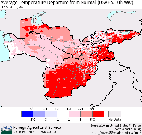 Central Asia Average Temperature Departure from Normal (USAF 557th WW) Thematic Map For 2/13/2023 - 2/19/2023