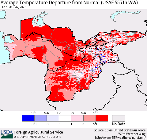 Central Asia Average Temperature Departure from Normal (USAF 557th WW) Thematic Map For 2/20/2023 - 2/26/2023
