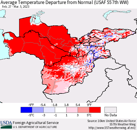 Central Asia Average Temperature Departure from Normal (USAF 557th WW) Thematic Map For 2/27/2023 - 3/5/2023