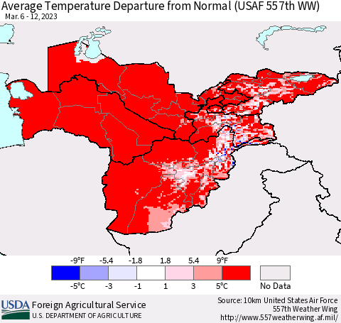 Central Asia Average Temperature Departure from Normal (USAF 557th WW) Thematic Map For 3/6/2023 - 3/12/2023