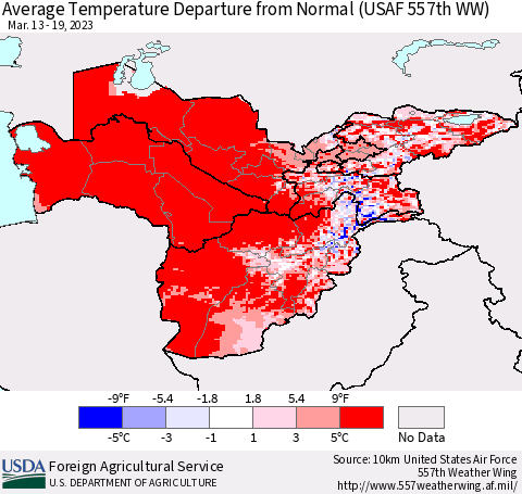 Central Asia Average Temperature Departure from Normal (USAF 557th WW) Thematic Map For 3/13/2023 - 3/19/2023