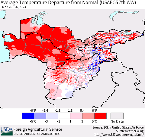 Central Asia Average Temperature Departure from Normal (USAF 557th WW) Thematic Map For 3/20/2023 - 3/26/2023