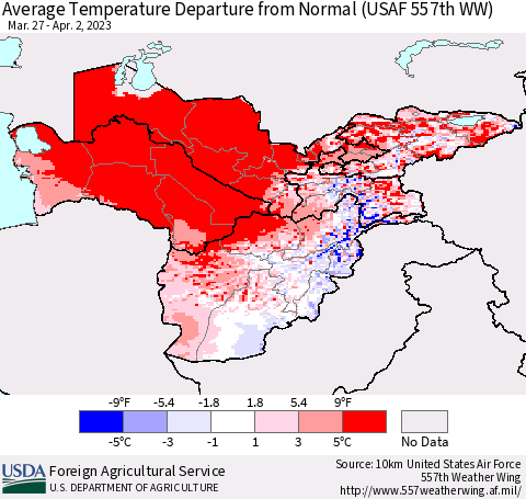 Central Asia Average Temperature Departure from Normal (USAF 557th WW) Thematic Map For 3/27/2023 - 4/2/2023