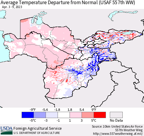 Central Asia Average Temperature Departure from Normal (USAF 557th WW) Thematic Map For 4/3/2023 - 4/9/2023