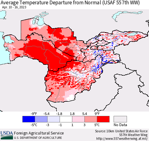 Central Asia Average Temperature Departure from Normal (USAF 557th WW) Thematic Map For 4/10/2023 - 4/16/2023