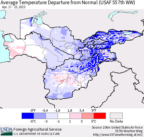 Central Asia Average Temperature Departure from Normal (USAF 557th WW) Thematic Map For 4/17/2023 - 4/23/2023