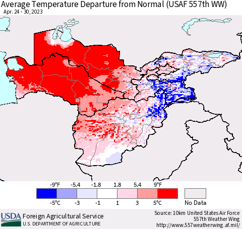 Central Asia Average Temperature Departure from Normal (USAF 557th WW) Thematic Map For 4/24/2023 - 4/30/2023