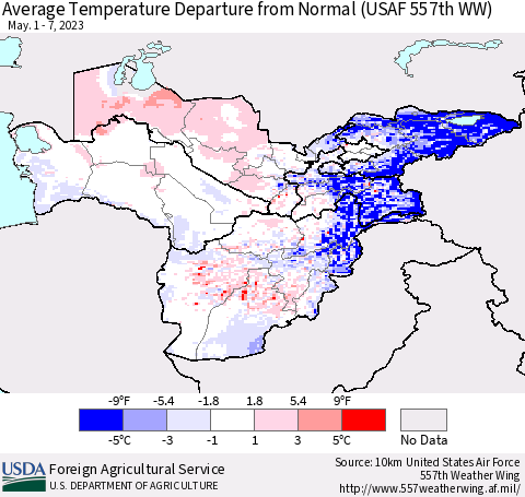 Central Asia Average Temperature Departure from Normal (USAF 557th WW) Thematic Map For 5/1/2023 - 5/7/2023