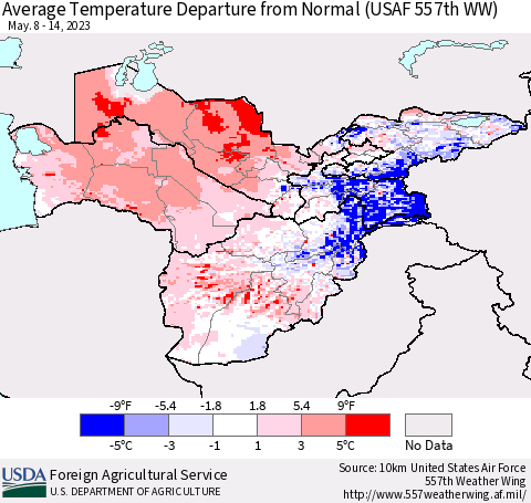 Central Asia Average Temperature Departure from Normal (USAF 557th WW) Thematic Map For 5/8/2023 - 5/14/2023