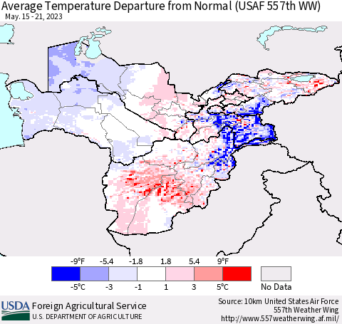 Central Asia Average Temperature Departure from Normal (USAF 557th WW) Thematic Map For 5/15/2023 - 5/21/2023