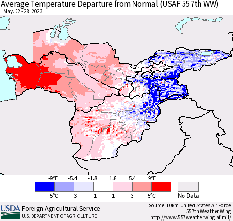 Central Asia Average Temperature Departure from Normal (USAF 557th WW) Thematic Map For 5/22/2023 - 5/28/2023