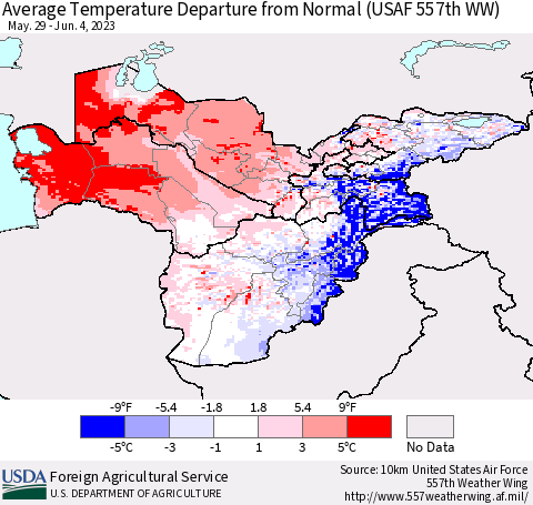 Central Asia Average Temperature Departure from Normal (USAF 557th WW) Thematic Map For 5/29/2023 - 6/4/2023