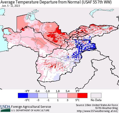 Central Asia Average Temperature Departure from Normal (USAF 557th WW) Thematic Map For 6/5/2023 - 6/11/2023