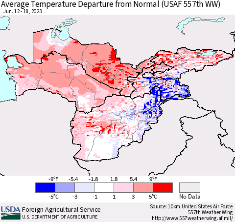 Central Asia Average Temperature Departure from Normal (USAF 557th WW) Thematic Map For 6/12/2023 - 6/18/2023