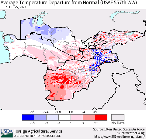 Central Asia Average Temperature Departure from Normal (USAF 557th WW) Thematic Map For 6/19/2023 - 6/25/2023