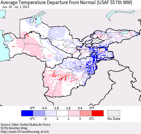 Central Asia Average Temperature Departure from Normal (USAF 557th WW) Thematic Map For 6/26/2023 - 7/2/2023