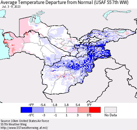 Central Asia Average Temperature Departure from Normal (USAF 557th WW) Thematic Map For 7/3/2023 - 7/9/2023