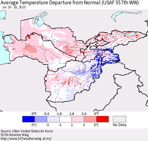 Central Asia Average Temperature Departure from Normal (USAF 557th WW) Thematic Map For 7/10/2023 - 7/16/2023