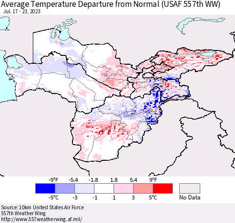 Central Asia Average Temperature Departure from Normal (USAF 557th WW) Thematic Map For 7/17/2023 - 7/23/2023