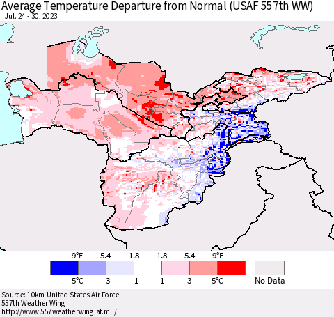 Central Asia Average Temperature Departure from Normal (USAF 557th WW) Thematic Map For 7/24/2023 - 7/30/2023