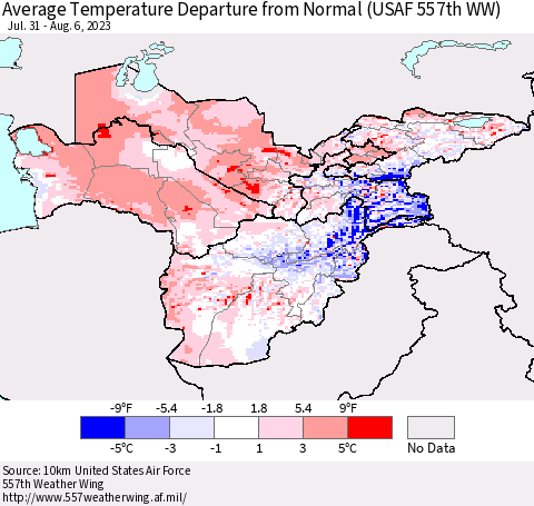 Central Asia Average Temperature Departure from Normal (USAF 557th WW) Thematic Map For 7/31/2023 - 8/6/2023