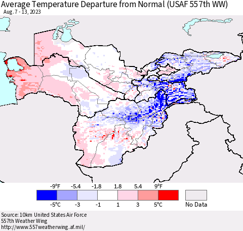 Central Asia Average Temperature Departure from Normal (USAF 557th WW) Thematic Map For 8/7/2023 - 8/13/2023