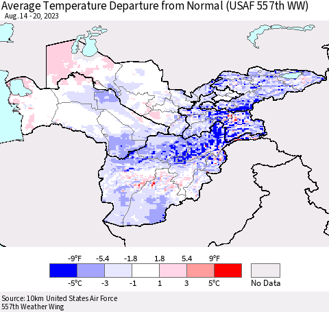 Central Asia Average Temperature Departure from Normal (USAF 557th WW) Thematic Map For 8/14/2023 - 8/20/2023