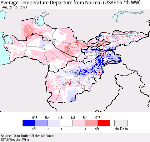 Central Asia Average Temperature Departure from Normal (USAF 557th WW) Thematic Map For 8/21/2023 - 8/27/2023