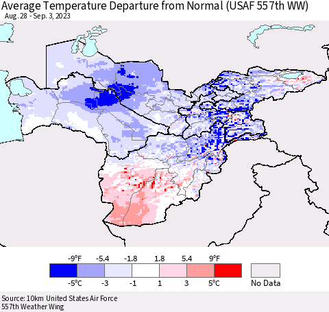 Central Asia Average Temperature Departure from Normal (USAF 557th WW) Thematic Map For 8/28/2023 - 9/3/2023