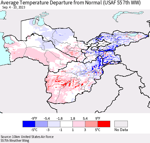 Central Asia Average Temperature Departure from Normal (USAF 557th WW) Thematic Map For 9/4/2023 - 9/10/2023