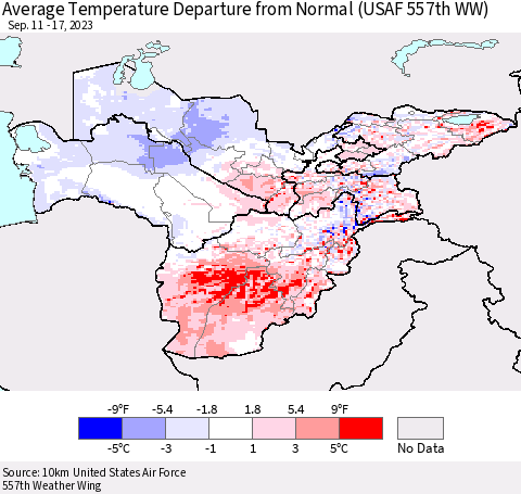 Central Asia Average Temperature Departure from Normal (USAF 557th WW) Thematic Map For 9/11/2023 - 9/17/2023