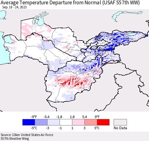 Central Asia Average Temperature Departure from Normal (USAF 557th WW) Thematic Map For 9/18/2023 - 9/24/2023