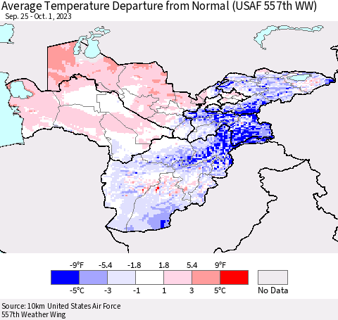 Central Asia Average Temperature Departure from Normal (USAF 557th WW) Thematic Map For 9/25/2023 - 10/1/2023