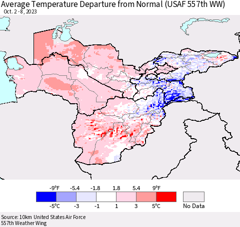 Central Asia Average Temperature Departure from Normal (USAF 557th WW) Thematic Map For 10/2/2023 - 10/8/2023