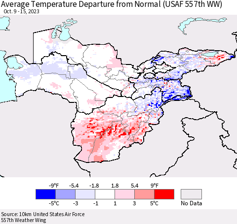 Central Asia Average Temperature Departure from Normal (USAF 557th WW) Thematic Map For 10/9/2023 - 10/15/2023