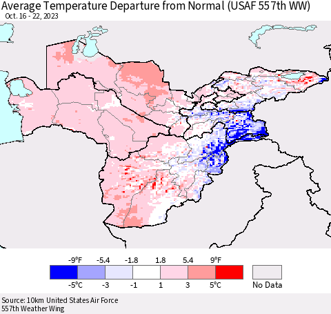 Central Asia Average Temperature Departure from Normal (USAF 557th WW) Thematic Map For 10/16/2023 - 10/22/2023