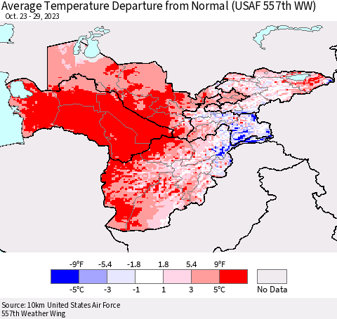 Central Asia Average Temperature Departure from Normal (USAF 557th WW) Thematic Map For 10/23/2023 - 10/29/2023