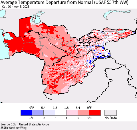 Central Asia Average Temperature Departure from Normal (USAF 557th WW) Thematic Map For 10/30/2023 - 11/5/2023