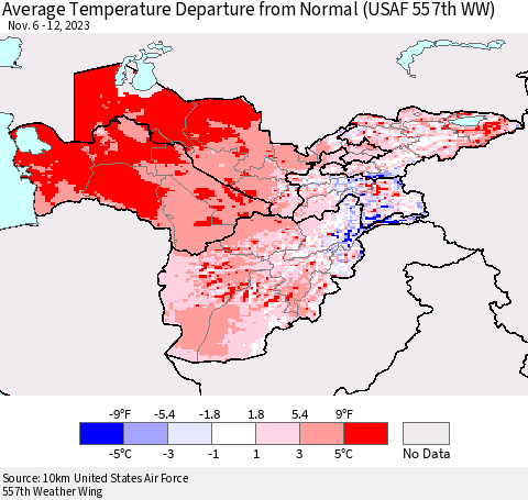 Central Asia Average Temperature Departure from Normal (USAF 557th WW) Thematic Map For 11/6/2023 - 11/12/2023