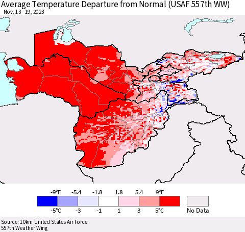 Central Asia Average Temperature Departure from Normal (USAF 557th WW) Thematic Map For 11/13/2023 - 11/19/2023