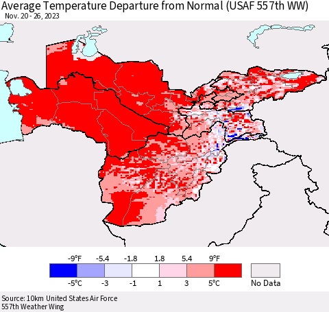 Central Asia Average Temperature Departure from Normal (USAF 557th WW) Thematic Map For 11/20/2023 - 11/26/2023