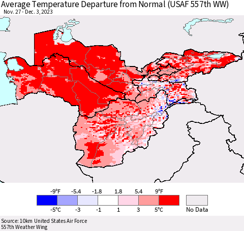 Central Asia Average Temperature Departure from Normal (USAF 557th WW) Thematic Map For 11/27/2023 - 12/3/2023