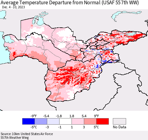 Central Asia Average Temperature Departure from Normal (USAF 557th WW) Thematic Map For 12/4/2023 - 12/10/2023