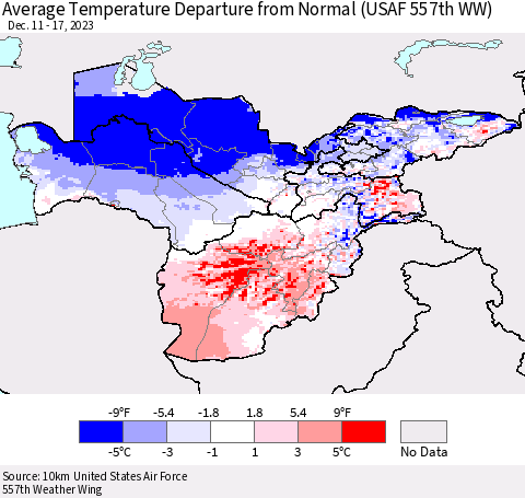 Central Asia Average Temperature Departure from Normal (USAF 557th WW) Thematic Map For 12/11/2023 - 12/17/2023