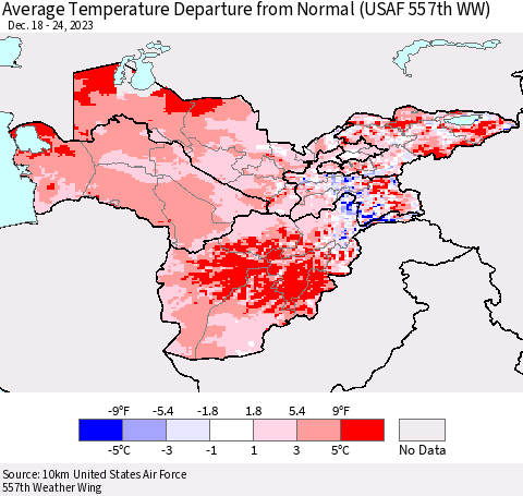Central Asia Average Temperature Departure from Normal (USAF 557th WW) Thematic Map For 12/18/2023 - 12/24/2023