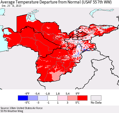 Central Asia Average Temperature Departure from Normal (USAF 557th WW) Thematic Map For 12/25/2023 - 12/31/2023
